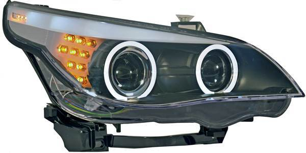 Комплект фар для BMW E60 2005-08, под ксенон. Черные, ангельские глазки