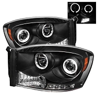 Комплект фар для Dodge Ram 2006-08. Черные, ангельские глазки