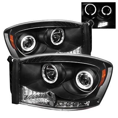 Комплект фар для Dodge Ram 2006-08. Черные, ангельские глазки