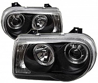 Комплект фар для Chrysler 300C 2005-07. Черные, ангельские глазки