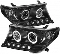 Комплект фар для Toyota Land Cruiser 200 2007-12. Черные, ангельские глазки