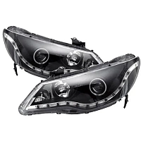 Комплект фар для Honda Civic 4D 2006-2011, седан. светодиодный габарит ангельские глазки. Черные