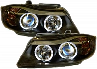 Комплект фар для BMW E90, E91 2005-08. Черные, ангельские глазки