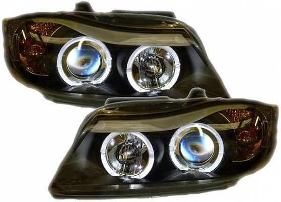 Комплект фар для BMW E90, E91 2005-08. Черные, ангельские глазки