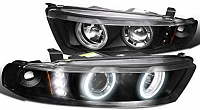 Комплект фар для Mitsubishi Galant 8 1996-06. Черные, ангельские глазки