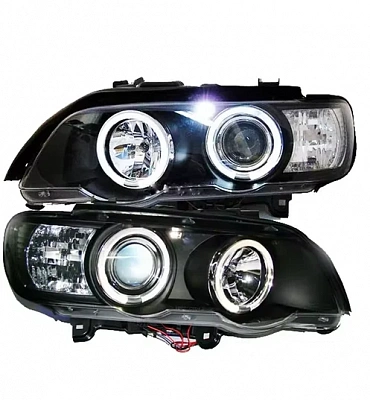Комплект фар для BMW X5 E53 1998-03. Черные, ангельские глазки Комплект фар для BMW X5 E53 1998-03. Черные, ангельские глазки
